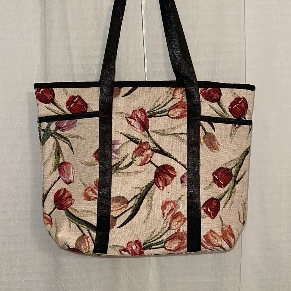 Large Canvas Tulip Print Ivory Green Red Black Trim Tote